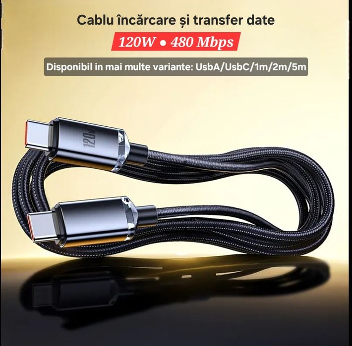 Cabluri 120W/100W. Încărcare+Transfer Date. UsbA și UsbC. Ranforsate.