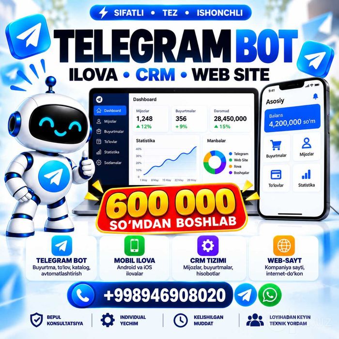 Telegram bot | Sayt | Mobil ilova | AI | CRM | Web App
