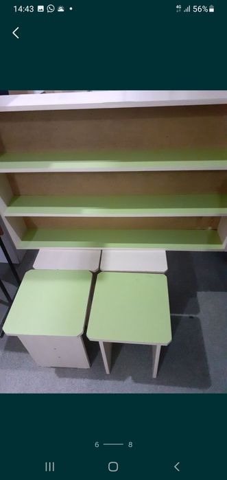 Столы,полки,вешалка,табуретки.