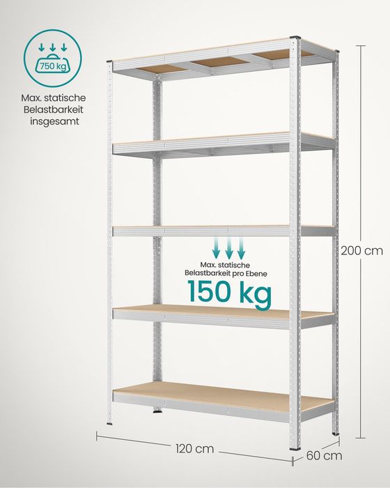 Метален стелаж за големи натоварвания SONGMICS, 5 регулируеми рафта, 60 x 120 x 200 см, до 750 кг