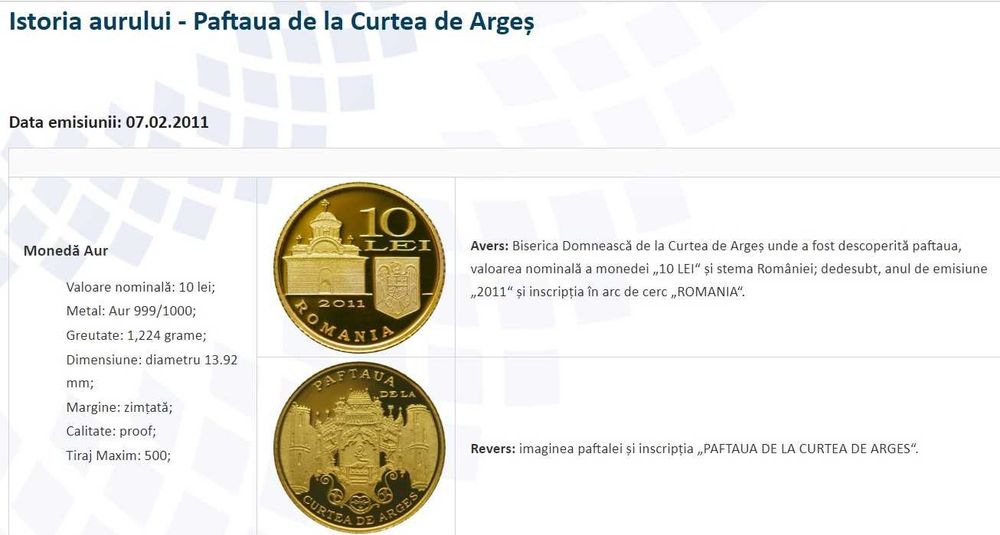Moneda istoria aurului BNR Paftaua Curtea de Arges gradata NGC PF 70