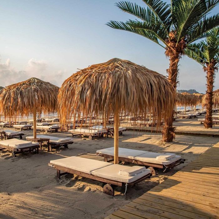 Umbrelă de plajă făcută din frunze de palmier