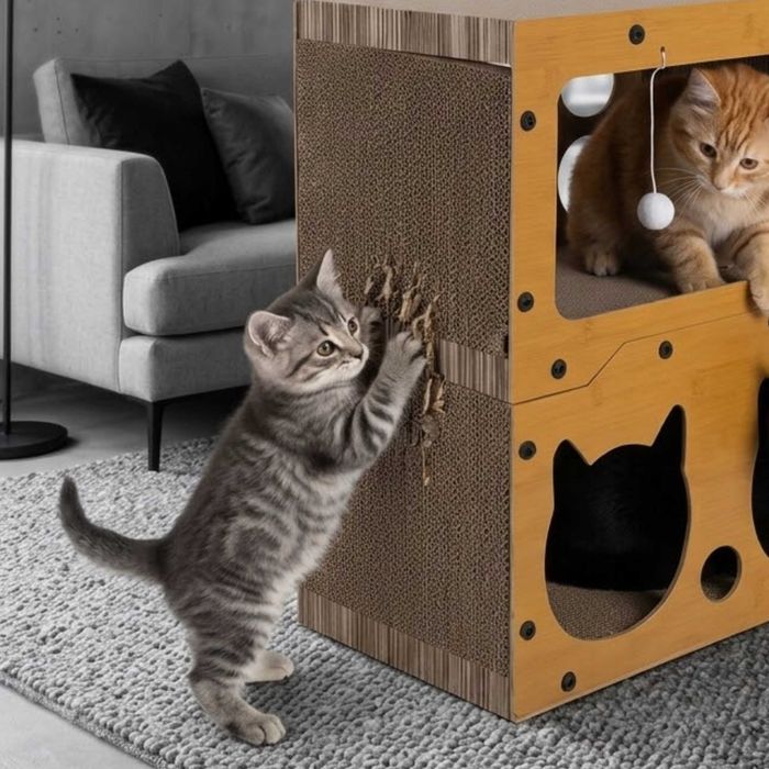 Ansamblu joaca pisici 3 in 1 cu casuta pe doua niveluri pat si 4 mingi