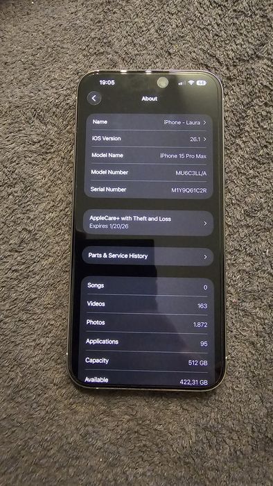 iPhone 15 Pro Max Alb 512GB + AppleCare+  – Impecabil – Vâ