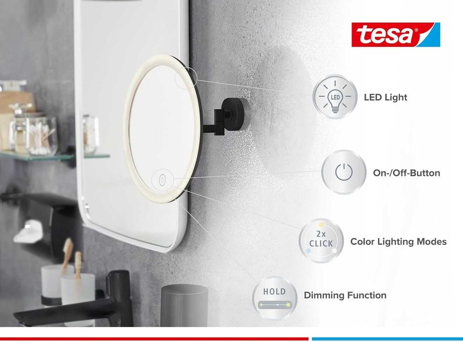 tesa VISIOON Oglindă de machiaj LED – Oglindă de perete cu iluminare reglabilă