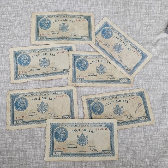 Lot 7 Bancnote Vechi România - 5000 Lei 1943 Traian și Decebal