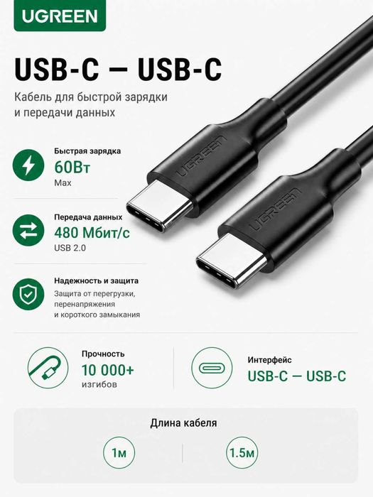 Кабель UGREEN двухсторонний Type-C USB4/USB3 Gen4/Gen3/Gen2/240W/PD 3.