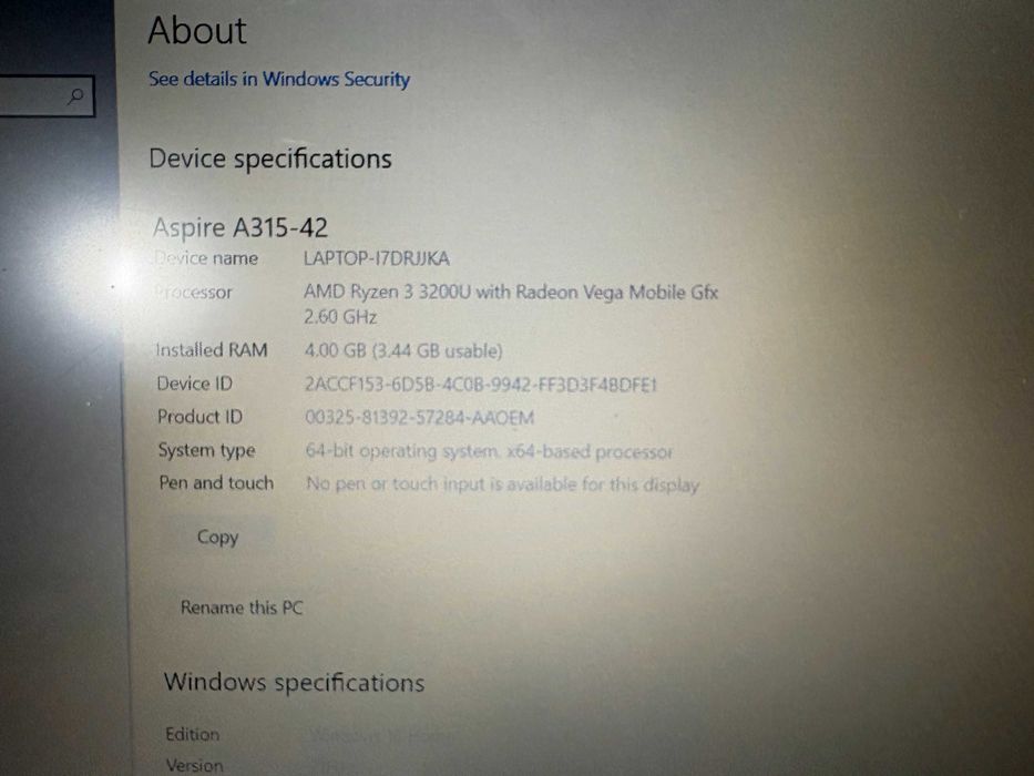 Лаптоп - Acer Aspire A315-42 N19C1, 3200U, RAM 4GB DDR3, SSD 256GB/ L2