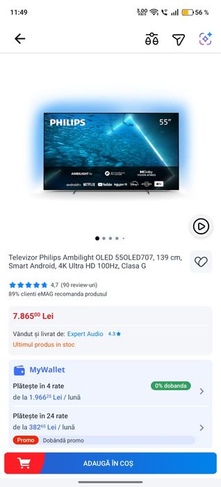 Televizor Philips Ambilight OLED 55OLED707, 139 cm, Smart Android, 4K