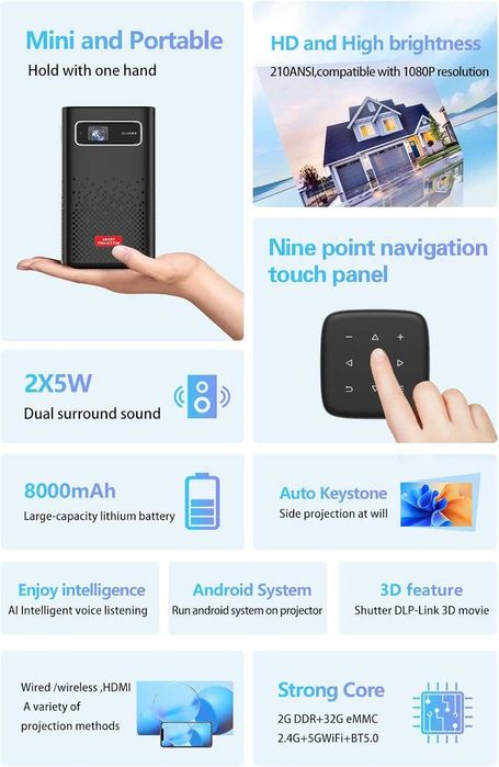 Мини проектор C900 1080P 4K, WiFi и BT5, Android 9 Smart DLP...