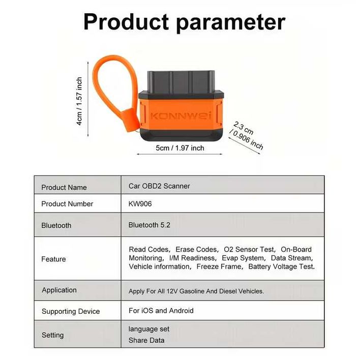 Diagnoza KONNWEI KW906 ELM327 OBD2 Bluetooth 5.2/ IOS si Android