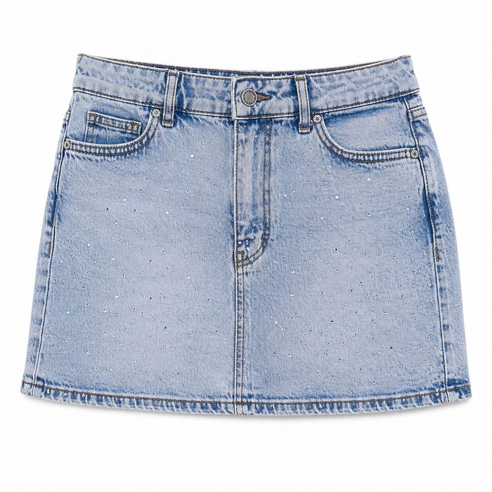 Дънкова мини пола с камъчета и high waist дизайн