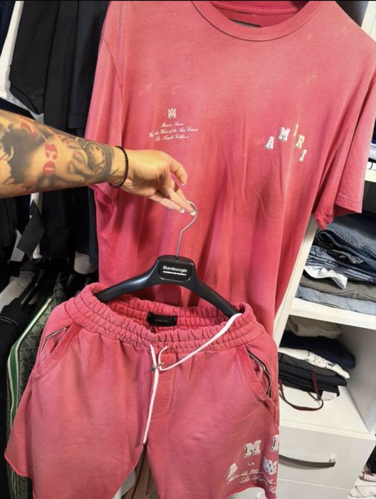 Set Amiri roz washed – tricou + pantaloni scurți, mărimea XL