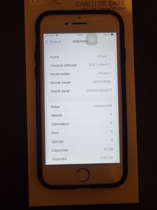 iPhone 7 Rose Gold, 32 GB - Pentru piese / Reparat + Cablu de date cadou