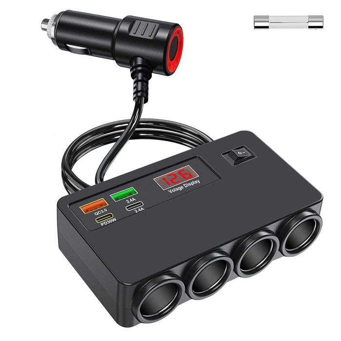 Разклонител за запалка 12V/24V 120W с 4 гнезда USB Type-C и волтметър