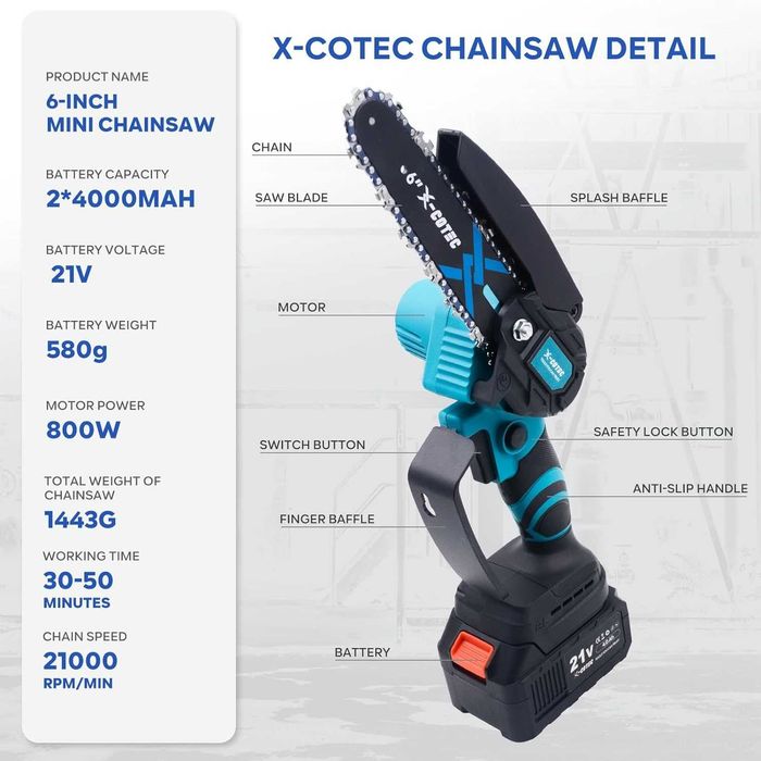 Mini Drujba Fierastrau electric cu lanț de 6 inch + 2x4000 mAh baterii