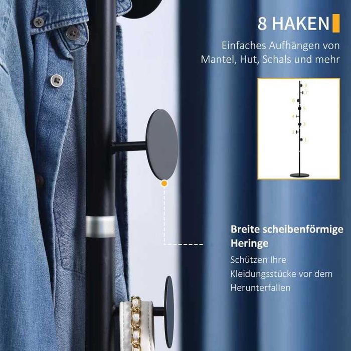 Закачалка за дрехи HOMCOM, 4 пръта и 8 куки, мраморна основа