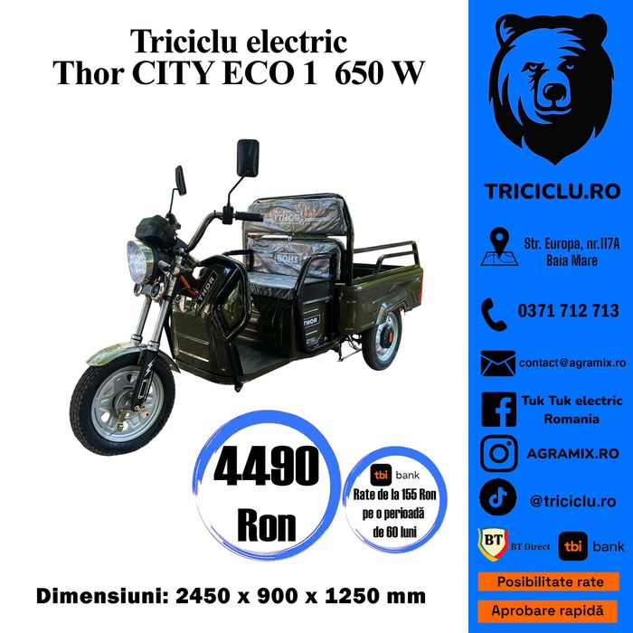 Triciclu electric nou Thor City Eco Green Army Blue Sky Agramix