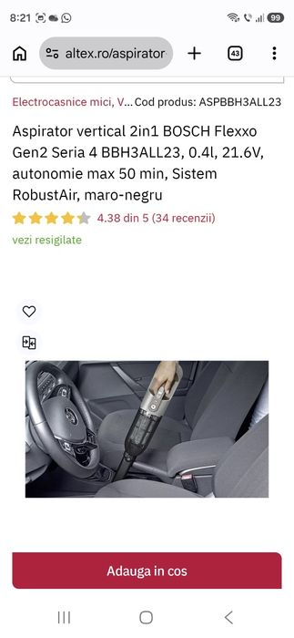 Aspirator vertical 2in1 BOSCH Flexxo Gen2 Seria 4 BBH3ALL23, 0.4l, 21.6V, autonomie max 50 min, Sistem RobustAir, maro-negru