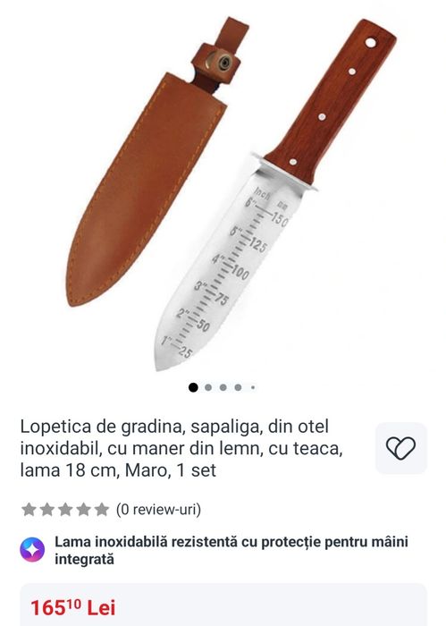 Lopetica de gradina, sapaliga, din otel inoxidabil, cu maner din lemn, cu teaca, lama 18 cm, Maro, 1 set