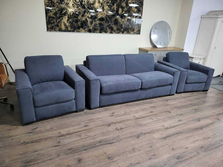 Сив комплект от плат набук диван тройка с функция сън и два фотьойла