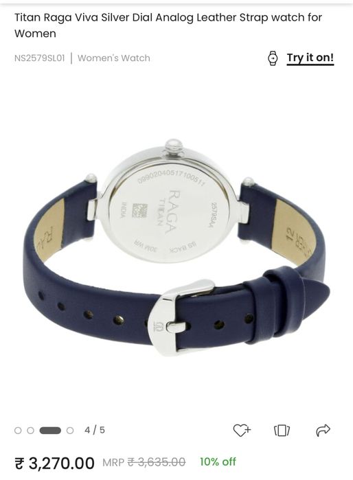 Ceas Titan Raga Viva cu cadran argintiu, analogic, femei, curea piele