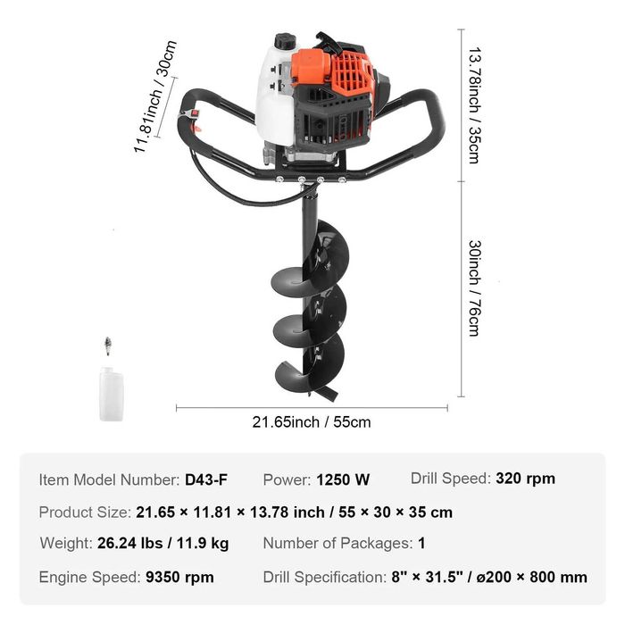 НЕМСКИ Копач за дупки - свредел 43CC 1250W + ЛЕД ФЕНЕР