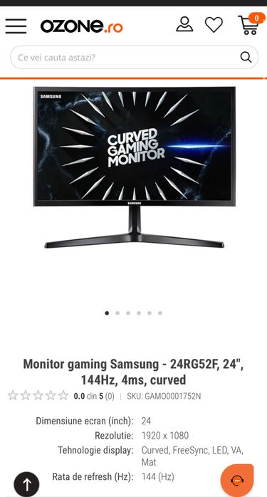 Monitor curbat Samsung - 24”, 144Hz, 4ms