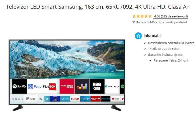 Televizor LED Smart Samsung, 163 cm, 65RU7092, 4K Ultra HD, la cutie