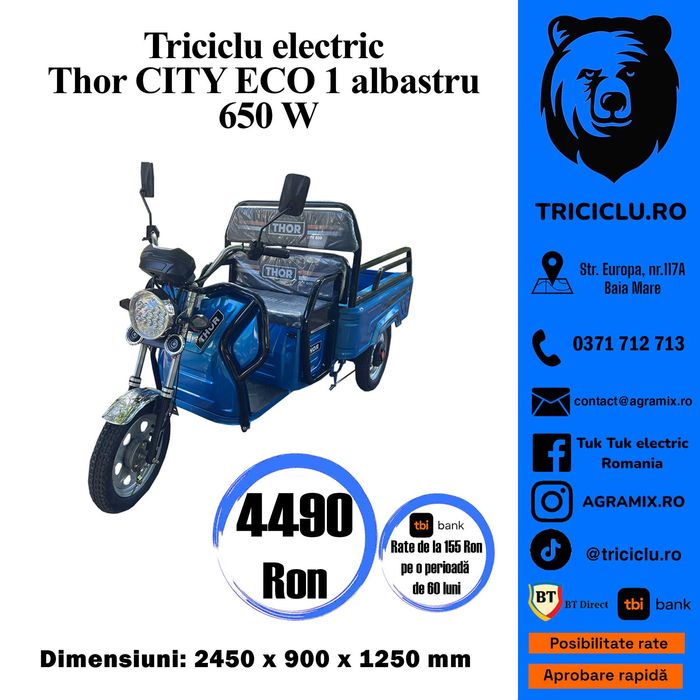 Triciclu electric nou Thor City Eco Green Army Blue Sky Agramix
