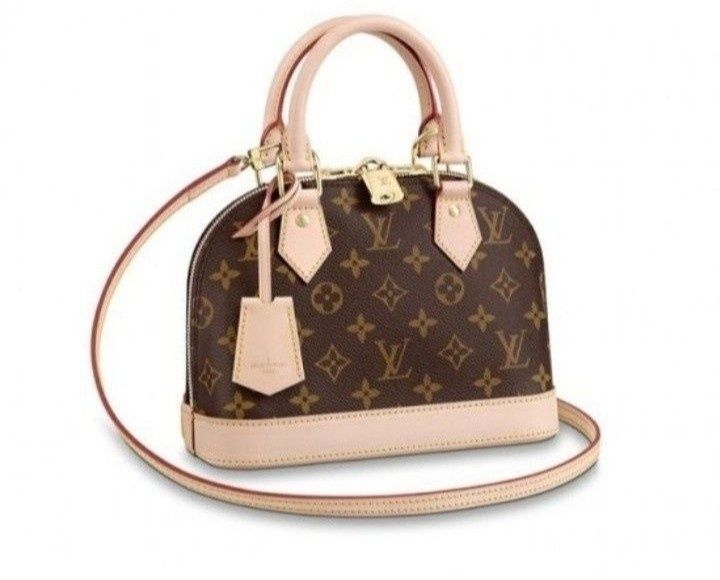 Geanta damă model LV Alma mini, lacatel metalic auriu, curea detasabila umăr, saculet, etichetă