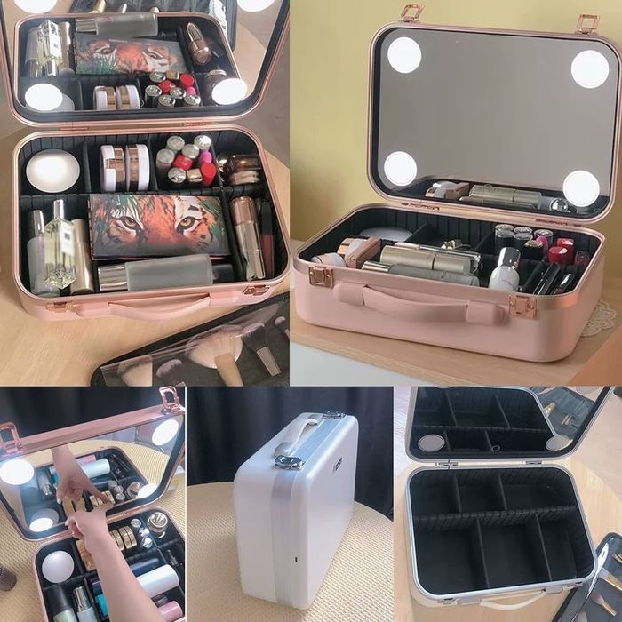 Уникална кутия за грим твърда розова бяла с огледало козметика