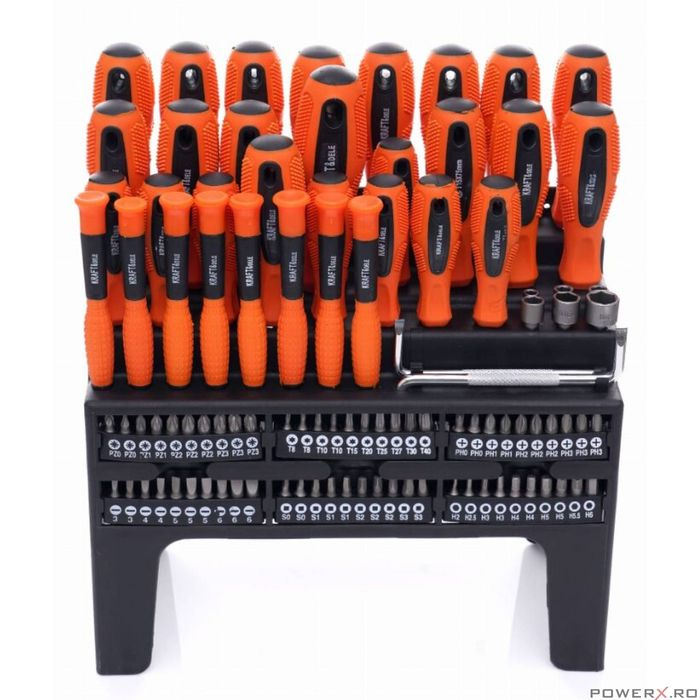 Set surubelnite si biti 100 elemente, cu suport pentru depozitare,