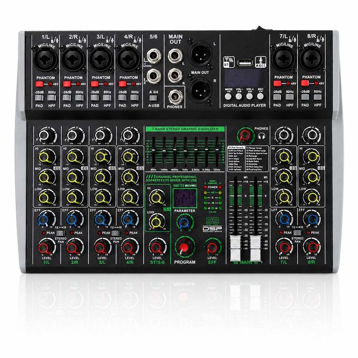 Pasiv mixer audio 8 canale AK8 Stereo canal 99 Efecte DSP USB Bluetooth Egalizator 7 benzi