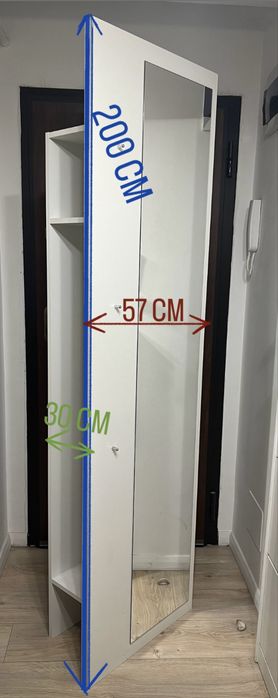 Panou hol MOBEXPERT cu oglindă + cuiere + rafturi+bara umerase – modern, alb, pret usor negociabil