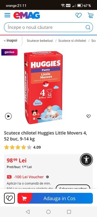 Scutece chiloțel Huggies nr. 4 (fetite) 9-14 kg