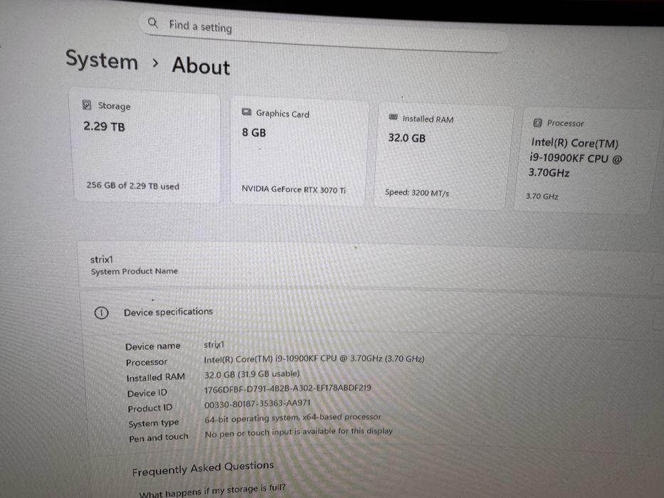 PC Gaming I9-10900KF RTX 370TI Strix 32GB/8GB