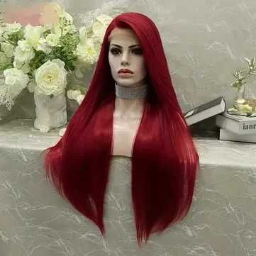 Дълга права тъмно червена бордо перука с дантела лейс фронт LACE FRONT