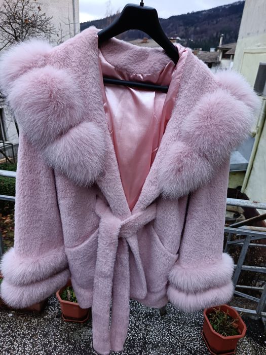 Палто алкантара с естествен косъм от лисица