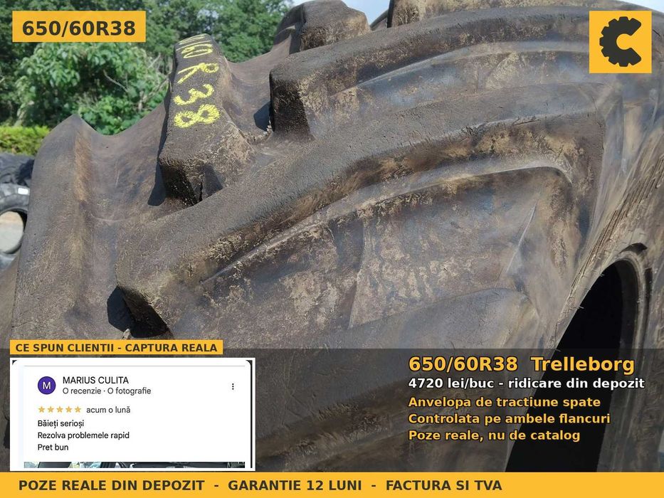 Cauciucuri Anvelope 650/60R38 650/60 R38 650 60 R38 6506038 Trelleborg Tractor Punte Spate Tractiune SH Second Hand LIVRARE Garantie 1 An Factura TVA