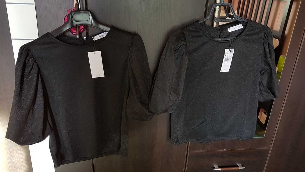 Черна блестяща блузка с къс ръкав Манго