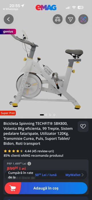 Bicicleta spining techfit sbk800, volanta 8kg eficienta, 99 trepte