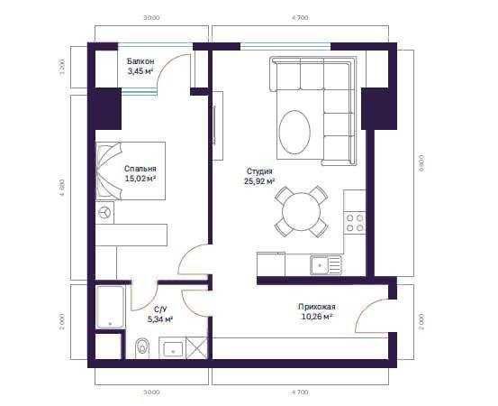 1-комнатная 29 м², ЖК Modera Towers, ул. Шота Руставели, Яккасарай