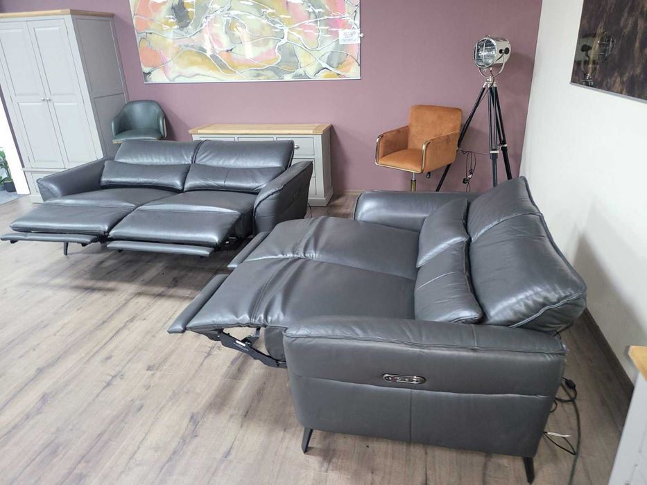 Сив кожен комплект дивани тройка и двойка с ел. релакс механизъм