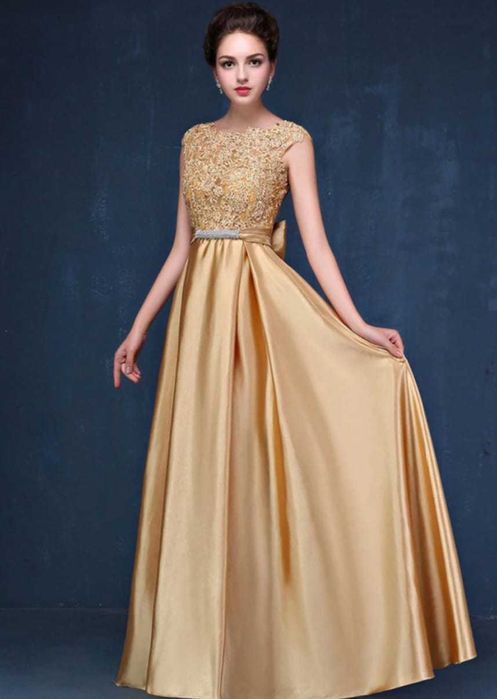 Rochie de ocazie aurie cu dantela florala