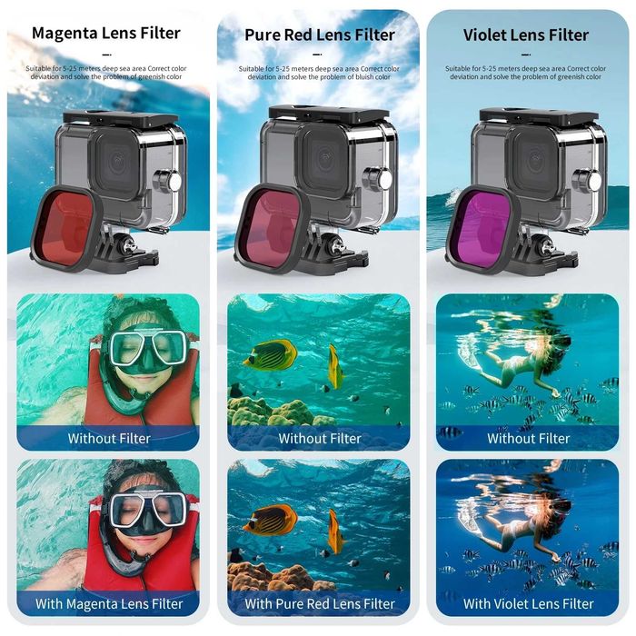 Carcasa subacvatica waterproof cu 3 filtre pt GoPro Hero 9 10 11 12 13