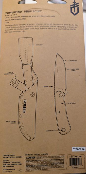 Нож с фиксирано острие, Gerber downwind drop point. Лов, риболов, бушкрафт, къмпинг. Нов, неразопакован