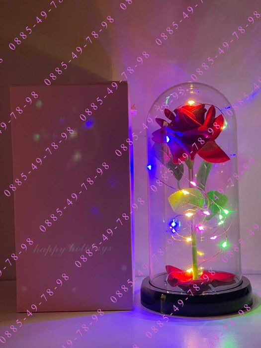 Вечна роза в стъкленица с лед осветление,подарък за жена, 8 март