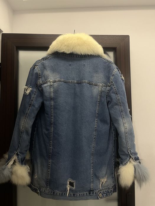 Geaca Dilvin Denim cu Blana Naturara de Vulpe- Detaşabilă
