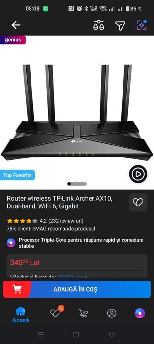 Router wireless TP-Link Archer AX10, Dual-band, WiFi 6, Gigabit